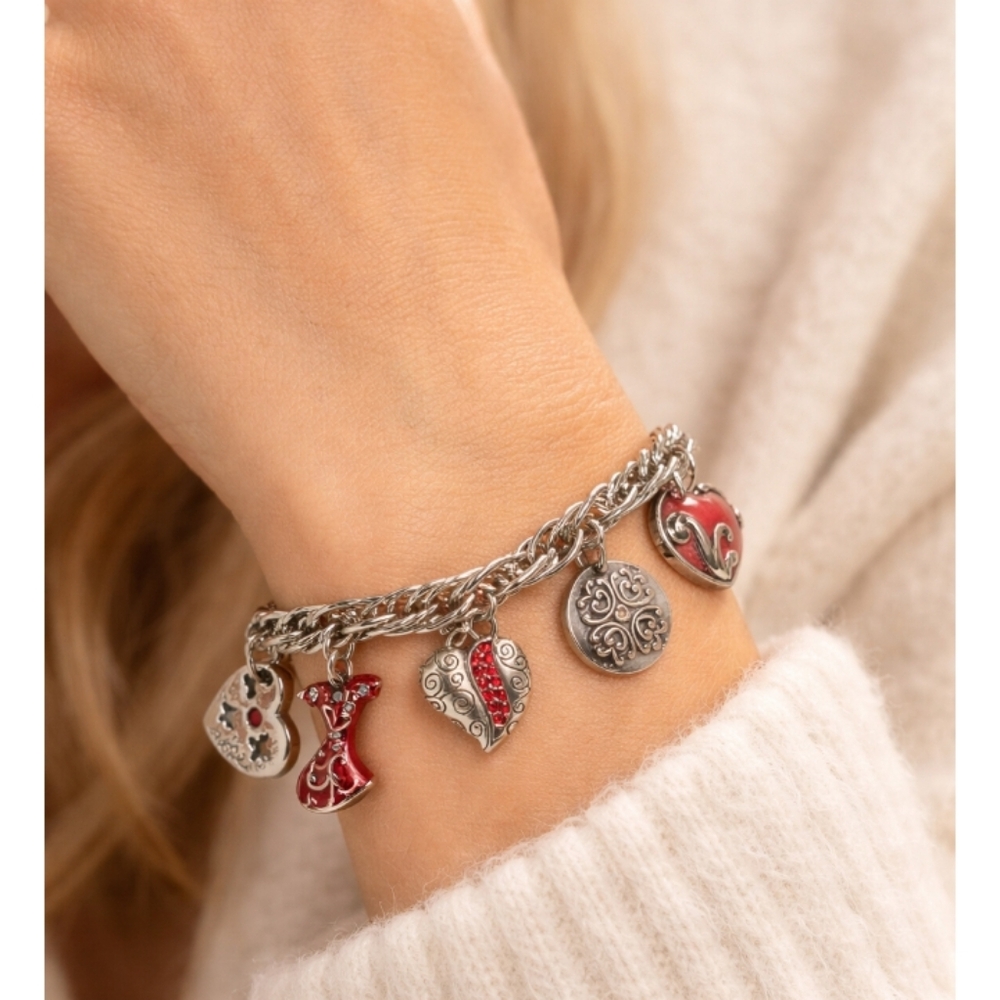 Brighton Red Heart Charm Bracelet | Silver Tone Chunky Chain | Romantic